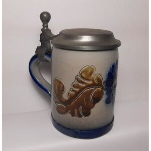 Handarbeit Beer Stein Pewter Lid Cobalt Blue Salt Glaze Stoneware Signed 4" Tall